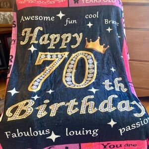 NWOT 70th Birthday Blanket Black Pink & Gold Super Soft Size 60” x 50”